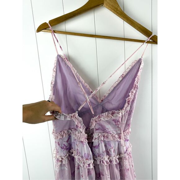 En Elly Ruffled Printed Maxi Dress in Pink Floral Plunge Strappy Cottagecore L - Picture 9 of 16